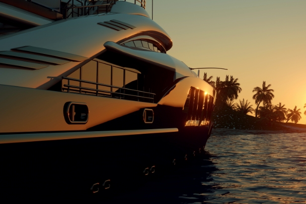 Image of Yacht at dusk with Yacht Club text overlay.